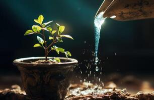 AI generated Hand waters baby tree in pot, water conservation image photo