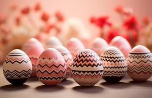 AI generated Vibrantly painted easter eggs showcased against a cheerful pink backdrop, easter symbols concept photo
