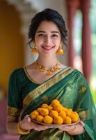 AI generated A sweet smiling woman in a green sari carries a plate of delightful sweets., gudi padwa sweets and cuisine photo