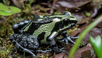 ai generado verde y negro veneno rana descansa en el bosque piso, raro especies imagen foto