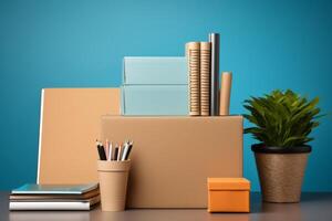 AI generated Various office supplies and stationery neatly packed in a brown box, downsizing for mobility image photo