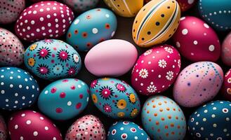 AI generated Vibrant easter eggs displayed against a pure plan backdrop, easter eggs image photo