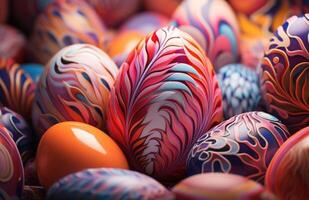 AI generated Colorful easter eggs beautifully painted on a pink background, easter symbols image photo
