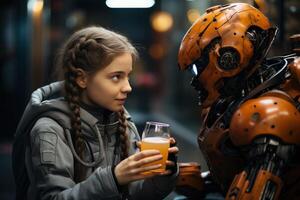 AI generated Girl drinks juice from a robot while it sips water a whimsical interaction of liquids in a delightful scene, robotic technology photo