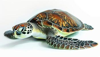 AI generated Graceful green sea turtle swimming peacefully on a white surface, underwater marine life image photo