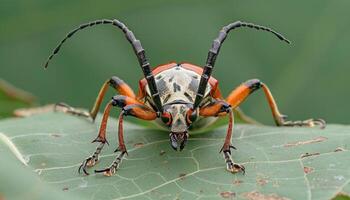 AI generated Long horned beetle diastocera wallichi resting on leaf showcasing vibrant colors and distinctive horned features, insects and butterflies concept photo