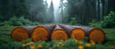 AI generated Wood logs resting on lush green grass against a backdrop of a dense forest, deforestation and logging picture photo
