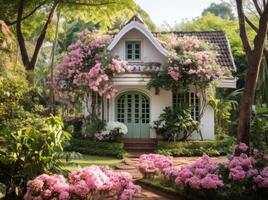 AI generated Charming cottage nestled in beautiful landscaping, cottage downsizing image photo