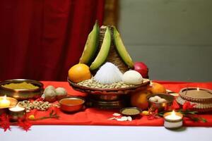 ai generado tradicional indio pooja preparar en rojo paño con kalash diya latón samai betel nueces Coco mango hojas y frutas, gudi Padwa tradicional decoración imagen foto