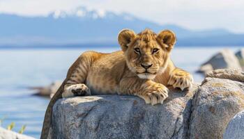 AI generated Lion cub rests on boulder by water at lake, baby animals picture photo