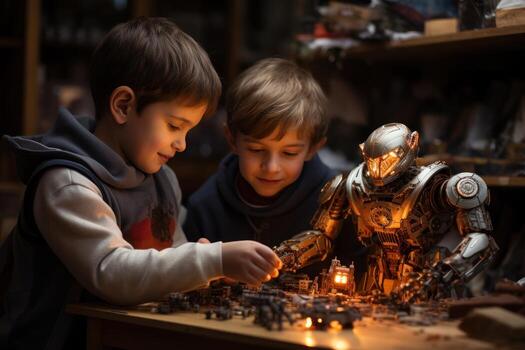 ai generado niños felizmente jugando con robots en un digital taller explorador creatividad y aprendizaje trabajo en equipo mediante tecnología y innovación, robótico tecnología foto