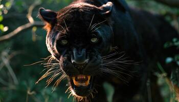 ai generado salvaje negro pantera gruñidos intensamente en un sorprendentes cabeza disparo, majestuoso grande gatos imagen foto
