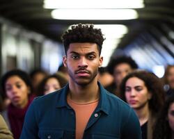 AI generated A man confidently walks through the subway amidst a crowd, urban transportation image photo