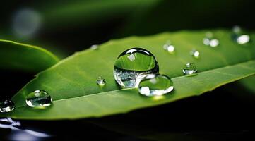 AI generated Clear water droplet rests on vibrant green leaf glistening in nature beauty, water conservation image photo