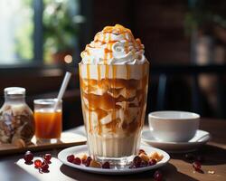 AI generated Iced coffee with caramel topping on a table, picture of coffee photo