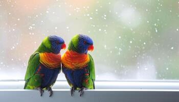 AI generated Colorful lorikeets perched on a window sill, baby animals image photo