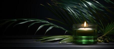 AI generated A lush green palm leaf set against a backdrop with a softly glowing candle, palm sunday decorations concept photo