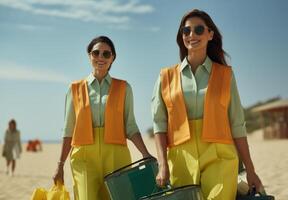 AI generated Women in bright vests carry recycling bins on beach promoting environmental awareness and cleaning up the shore, social responsibility picture photo