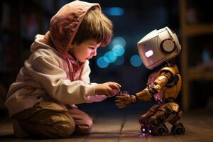 AI generated Boy on skateboard with playful robot companion for endless fun and adventures, robotic technology photo