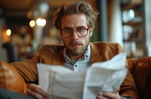 AI generated Young businessman on a couch reading documents, personal accountability concept photo