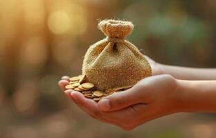 AI generated Hands reaching for a bag of coins symbolizing financial success and prosperity, acceptance picture photo