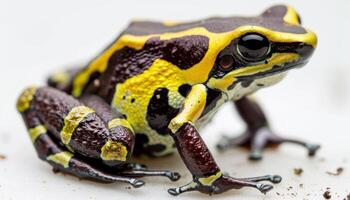 ai generado vibrante amarillo congregado veneno flecha rana arriba cerca, raro especies imagen foto