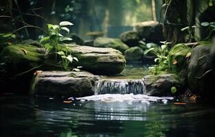 AI generated Immerse yourself in the rejuvenating warmth of hot stones beside a flowing waterfall, water flow photo