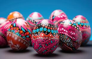 AI generated Colorful easter eggs on pink background creating a festive and joyful atmosphere, easter symbols image photo