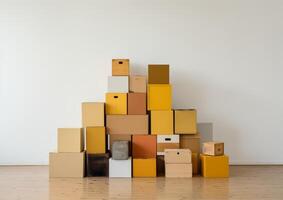 AI generated Colorful boxes arranged against a white wall creating a vibrant and dynamic visual composition, moving day picture photo