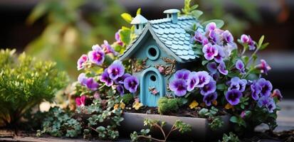 ai generado pequeño hada casa anidado siguiente a vibrante púrpura pensamientos rodeado por floreciente arbustos en un mágico hada jardín, cabaña reducción de personal imagen foto