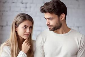 AI generated Apologetic woman makes amends with frustrated man post quarrel expressing regret and resolving differences, rejection and breakups acceptance image photo