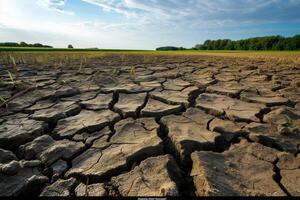 AI generated Dry cracked dirt field under the sun showing the harsh impact of drought on the landscape, water scarcity image photo