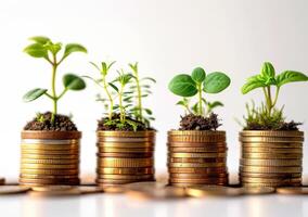 AI generated Four plants thrive amidst stacked coins, responsibility image photo