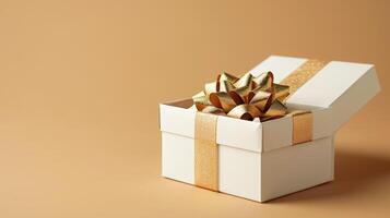 AI generated Golden Present Top View of 3D Luxury Gift Box with Ribbon, Empty Space, Ai generated photo