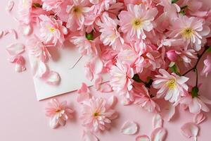 AI generated Pink flowers,petal envelope, on pastel pink background. Flat lay, top view, copy space Ai Generated photo