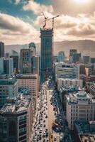 AI generated Photo of cityscape with street filled with moving cars. Buildings of different heights and designs flank both sides of the street. Ai Generated