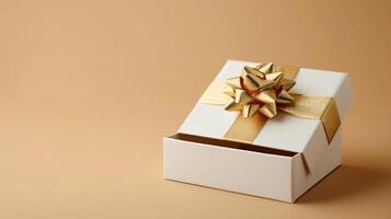 AI generated Unveiling Luxury 3D Gift Box with Gold Ribbon, Empty Space, Top View, Ai generated photo
