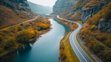 ai generado foto hermosa Disparo de un lago Entre lozano verde montañas a puesta de sol ai generado