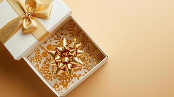 AI generated Golden Elegance Unveiled 3D Top View of Luxury Gift Box with Ribbon, Empty Space, Ai generated photo