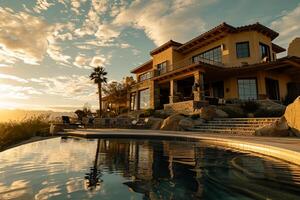 AI generated luxury golden house exterior in the desert, serene oceanic vista Ai Generated photo