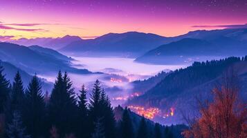 ai generado montañas en niebla en hermosa noche. paisaje con alto montaña valle, bajo nubes, bosque, púrpura cielo con estrellas, esclarecedor el ciudad a puesta de sol ai generado foto