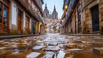 ai generado guijarro calle forrado con histórico edificios líder hacia un florido catedral. el edificios tener rústico encanto, presentando Roca construcción y madera balcones ai generado foto