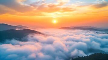 AI generated Mountain cloud and foggy at morning time with orange sky,Sunrise beautiful landscape Ai Generated photo