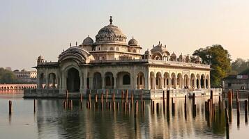 AI generated Photo of majestic, historical building with intricate architectural details, standing beside serene body of water under clear sky. The building has large dome at the top Ai Generated