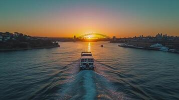 ai generado ver de un barco cruce un río con un suspensión puente abarcando eso a puesta de sol ai generado foto