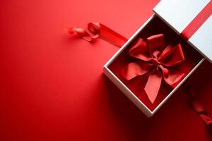 AI generated Red Elegance from Above 3D Top View Gift Box with Ribbon, Empty Space, Ai generated photo