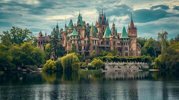 AI generated Photo of majestic castle like structure, surrounded by lush greenery and serene body of water. The building multiple towers with pointed roofs, and green rooftops. Ai Generated