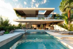 AI generated modern house modern villa with pool, luxurious interiors exotic landscapes Ai Generated photo