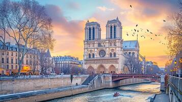 ai generado foto de el icónico notre dama catedral en París, con sereno río fluido en el primer plano y suave, vistoso cielo a oscuridad como fondo ai generado