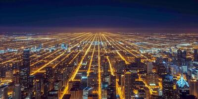 ai generado paisaje urbano a noche, iluminado por miles de luces ai generado foto